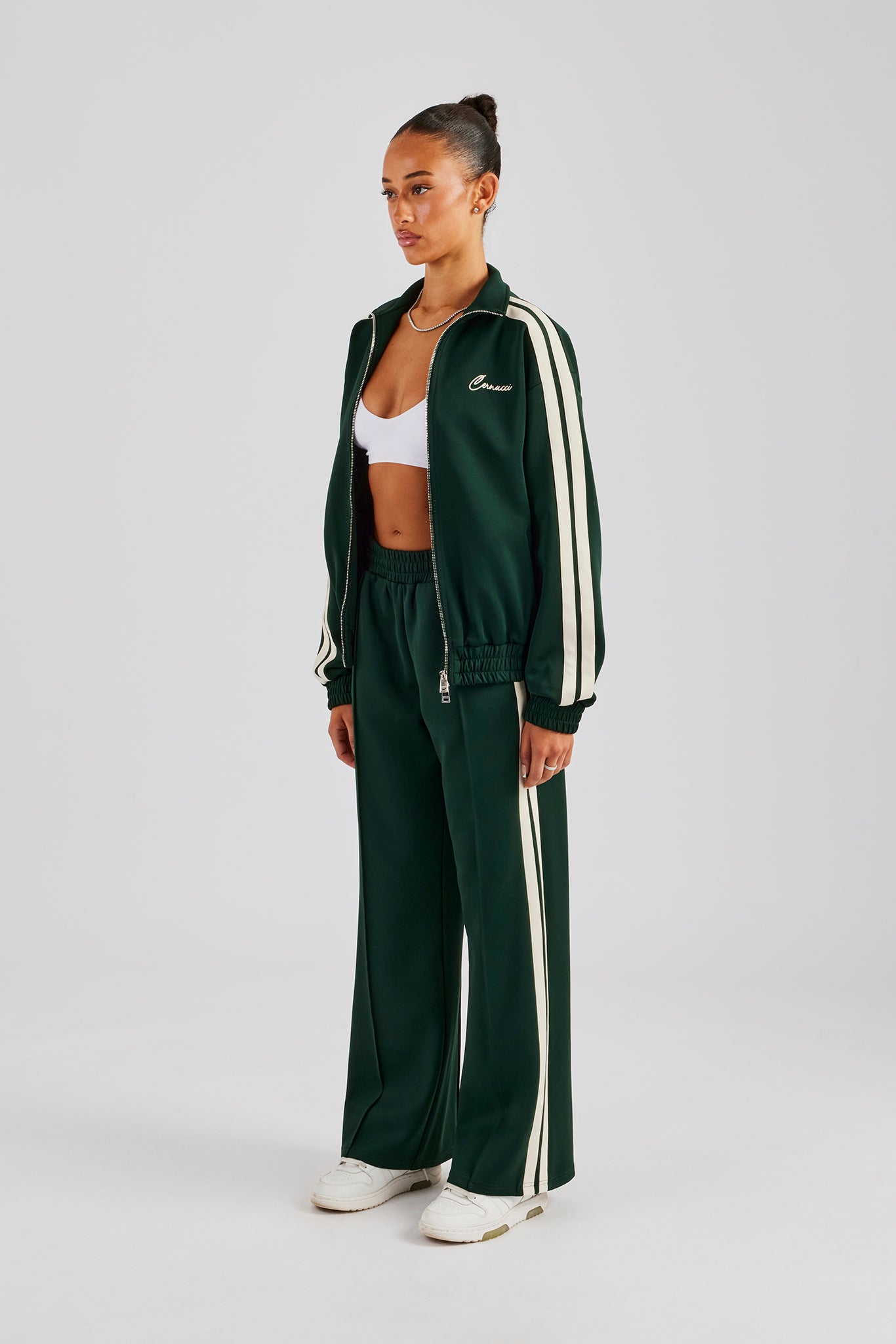 Funnel Neck Taping Zip Through Tracksuit - Bottle Green